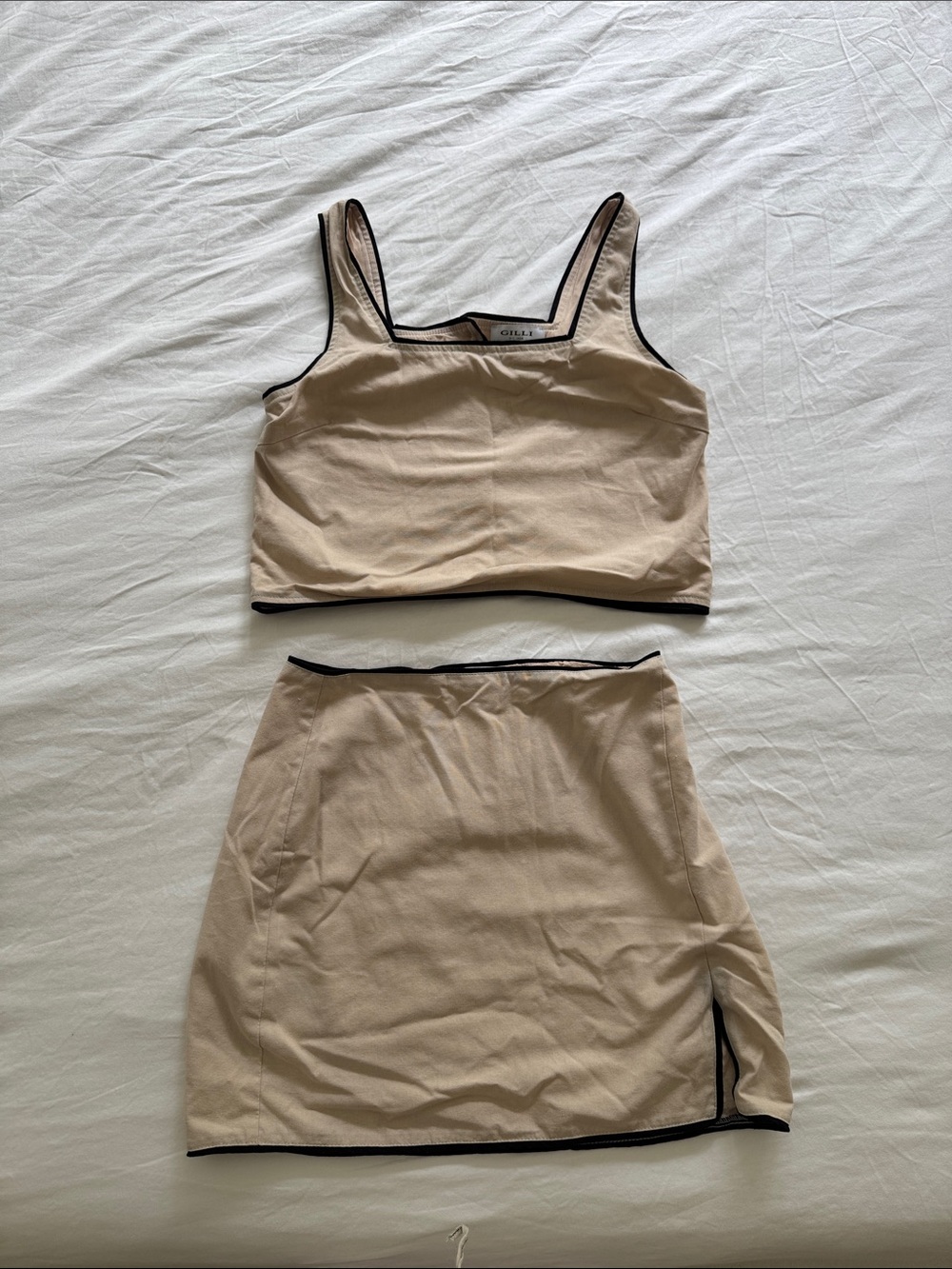 Beige Two-Piece Cropped Tank and Mini Skirt Set